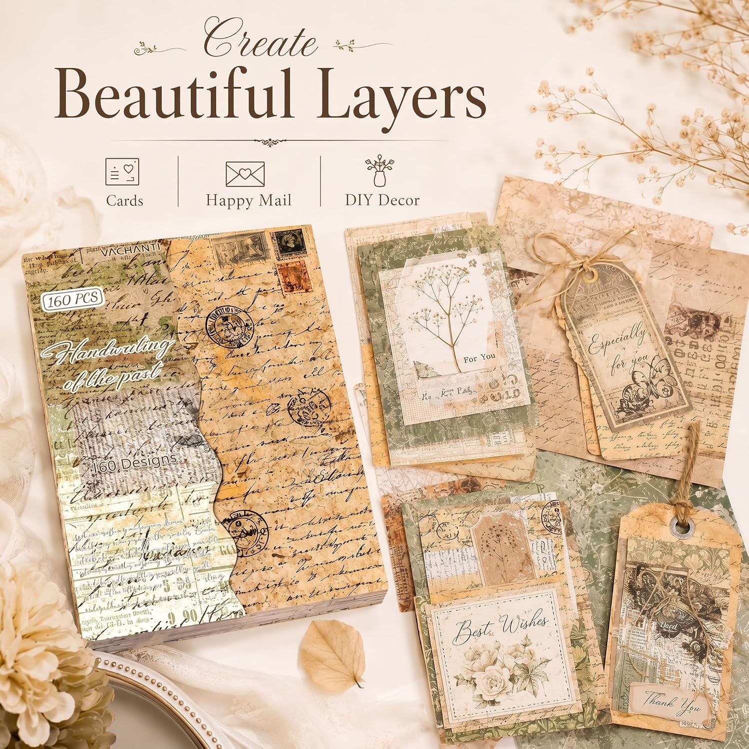 160 Sheets Vintage Scrapbook Paper Pack, Lightweight Decorative Paper Unique Designs, Junk Journal Supplies fo - view 5