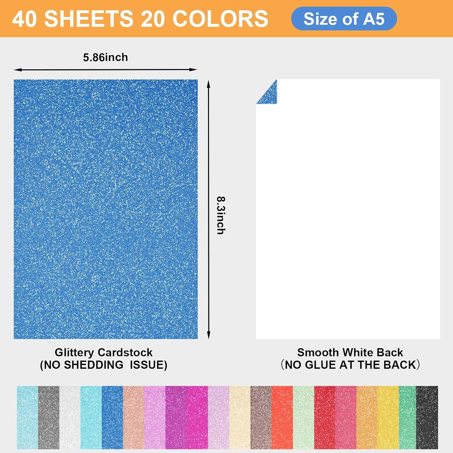 40 Sheets 20 Colors Glitter Cardstock, BetyBedy Cricut Paper Cardstock, No-Shed Sparkly Glitter, A5 Glitter Pa - view 2