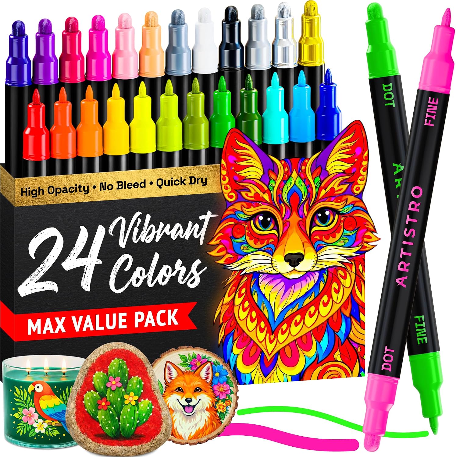 ARTISTRO Dual-Tip Acrylic Paint Marker Pens – Set of 36 | For Fabric, Rock, Glass, Wood, & Coloring Books, Art - view 16