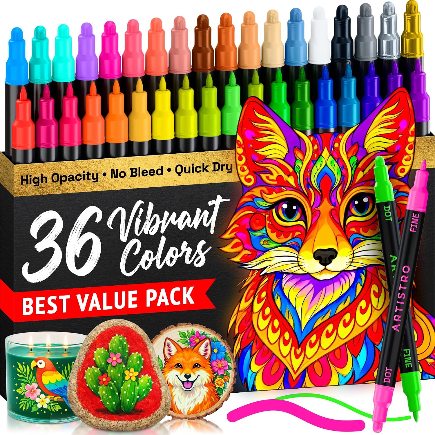 ARTISTRO Dual-Tip Acrylic Paint Marker Pens – Set of 36 | For Fabric, Rock, Glass, Wood, & Coloring Books, Art